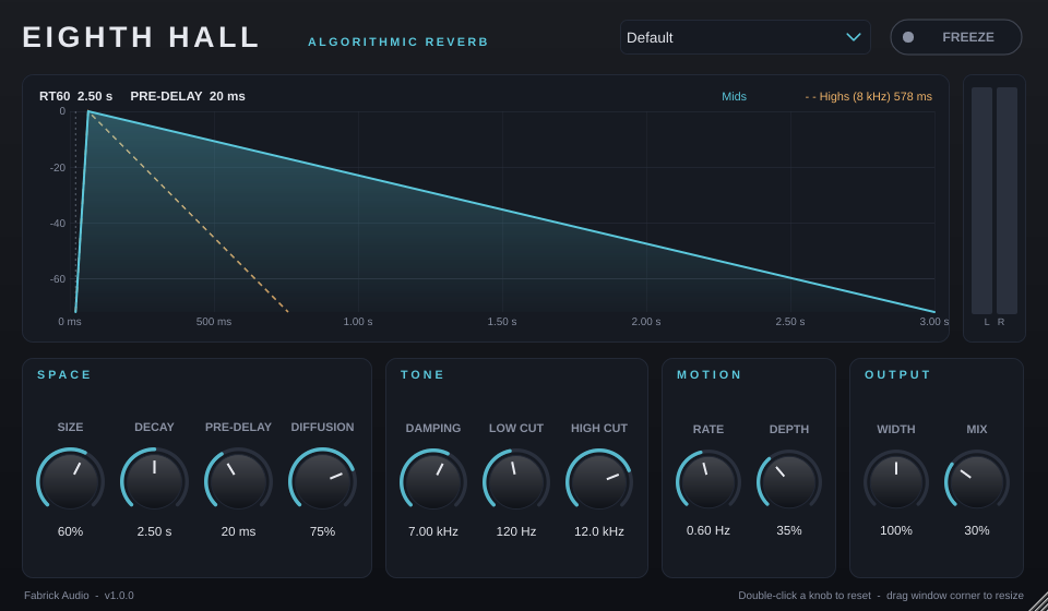 Eighth Hall reverb plugin interface with a decay graph, level meters and eleven knobs grouped into Space, Tone, Motion and Output